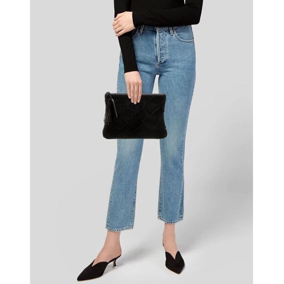 LOEFFLER RANDALL Chestnut Brown Woven Suede Logo Tassel Clutch 11 x 8 - Picture 2 of 9